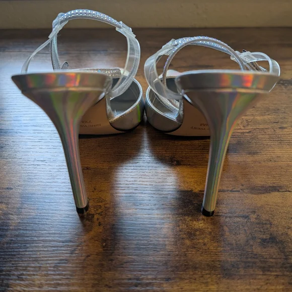 Metallic heels with rhinestone wrap around straps. - Picture 4 of 5